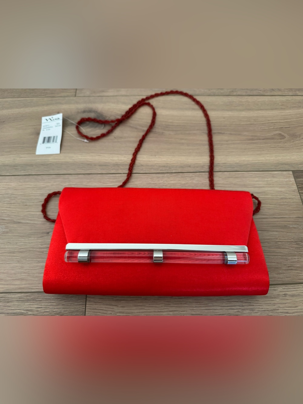 Nina Red Satin Clutch with Clear Accent Bar
